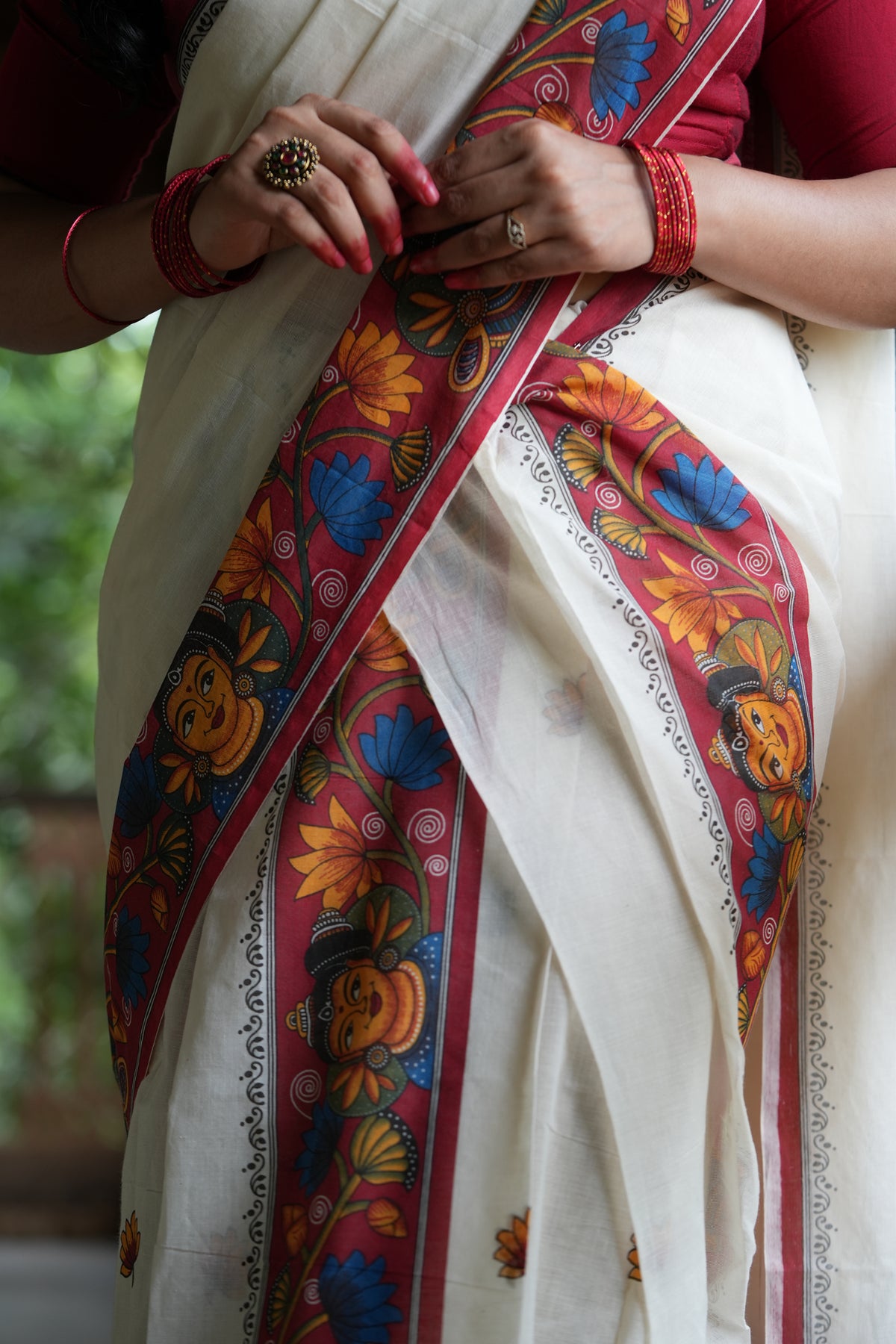 Radha Madhavam Mural Screen Printed Settumundu with Matching Blouse Material