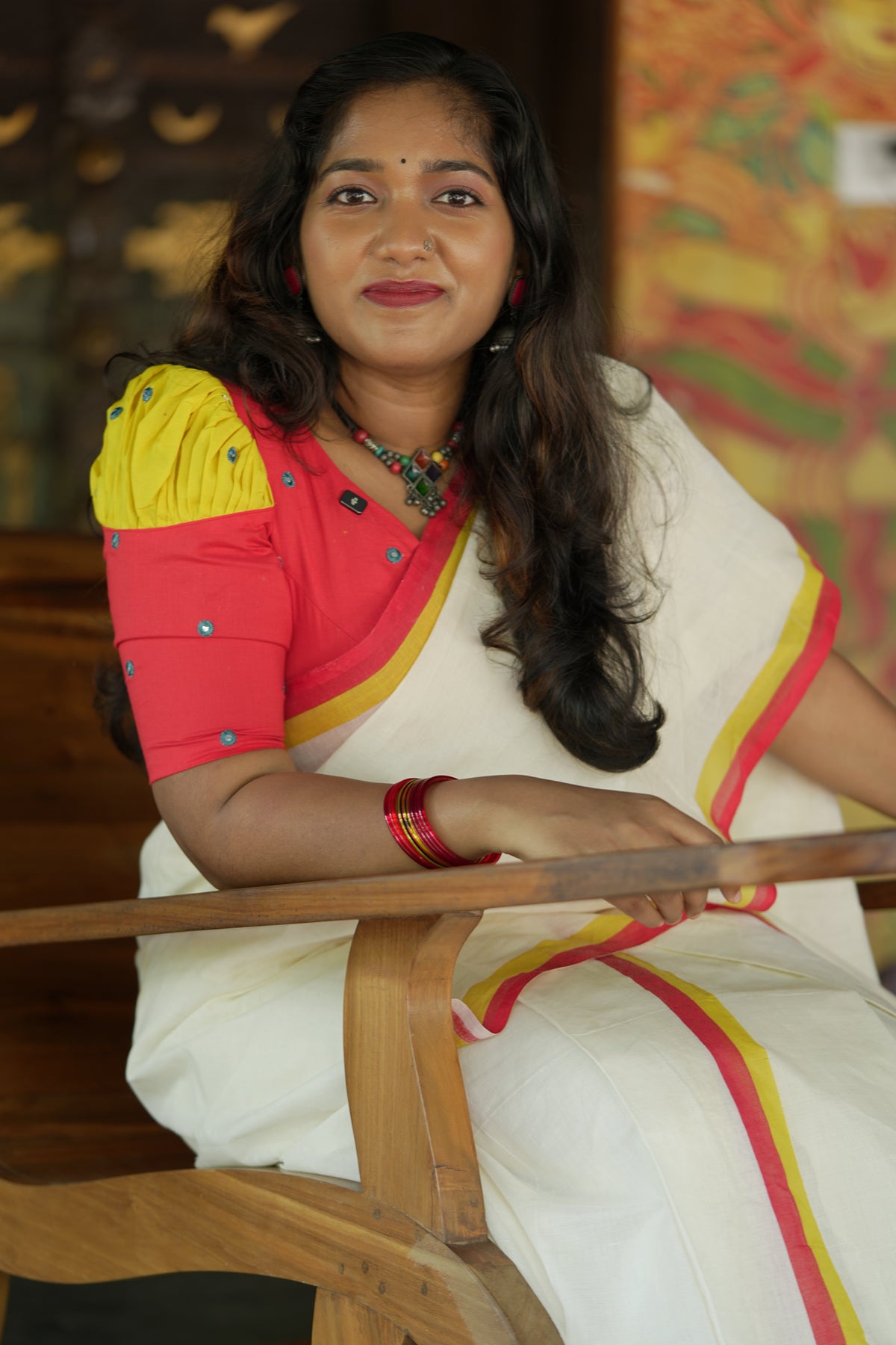 Surya Praba - Red & Yellow Settumundu with Matching Blouse Material