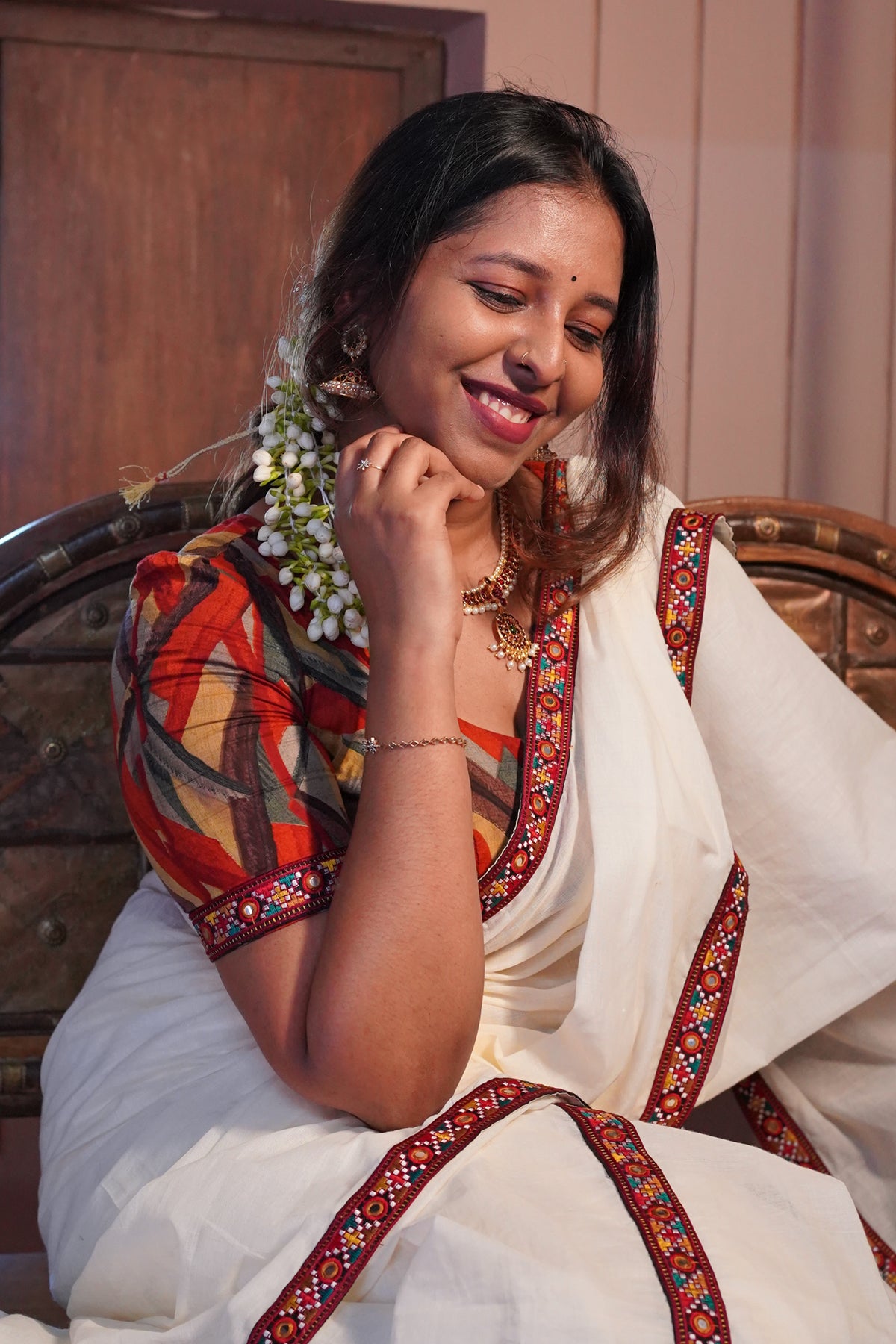 Sahrudaya– Mirror worked Lace border Stitched Settumund with Matching Blouse Material