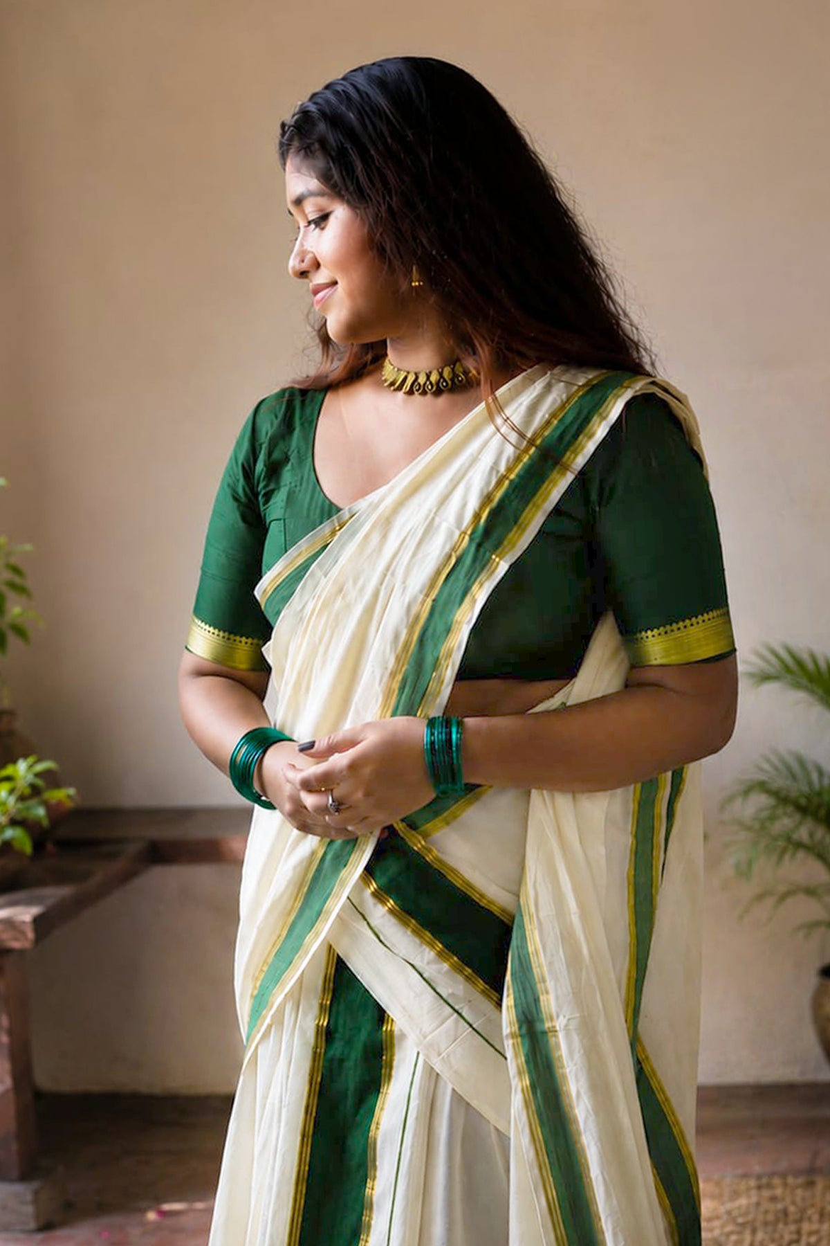 Vrinda - Premium Pure Cotton Settmundu with Matching Blouse