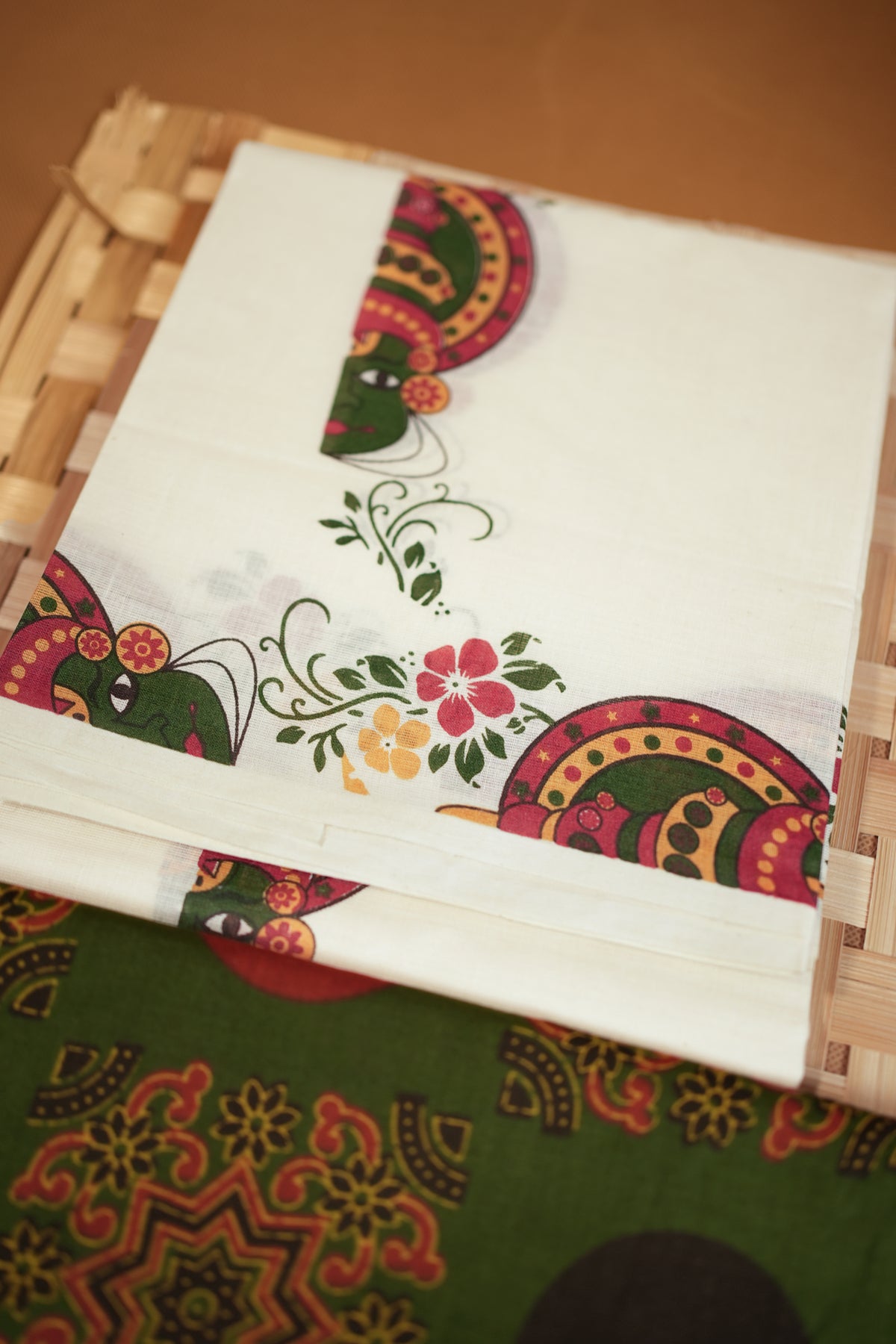 Kathakali Green Printed Settumundu with Matching Blouse Material