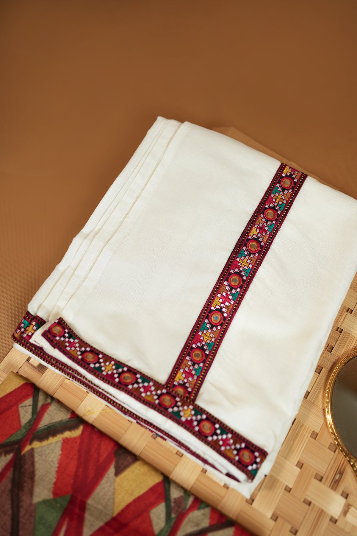 Sahrudaya– Mirror worked Lace border Stitched Settumund with Matching Blouse Material