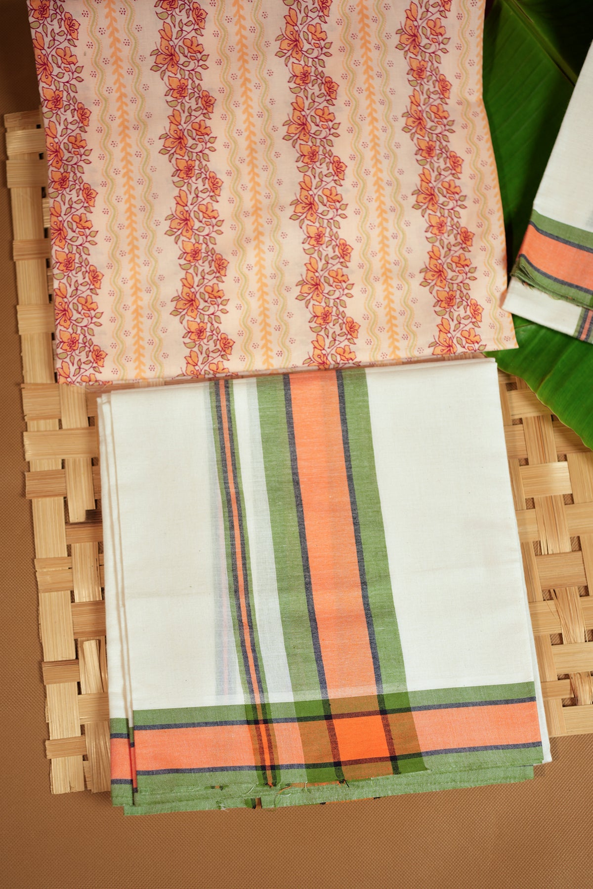 Niranjana Pure Cotton Traditional Kerala Mulloth Settumund with Floral Printed Blouse Material