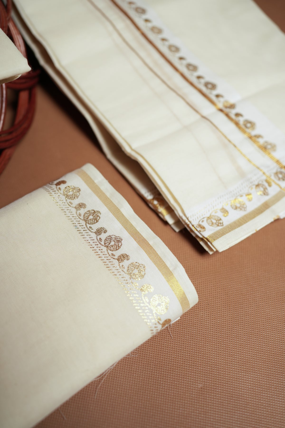 Kavya - Premium Golden Puliyilakkara Settumund with Golden Foil Printed Border with Blouse