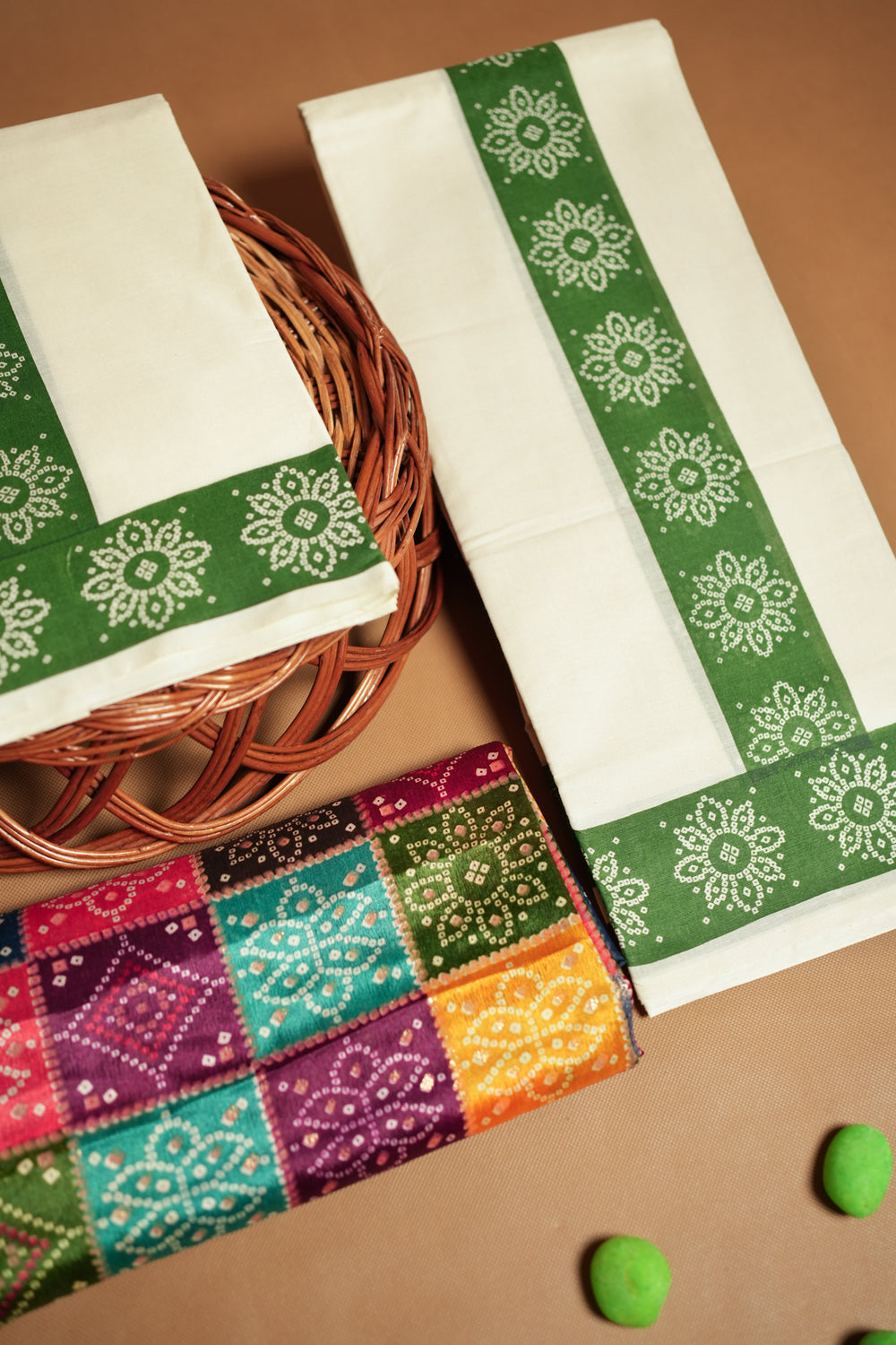 Bhandhini Green Printed Settumund with Matching Blouse Material