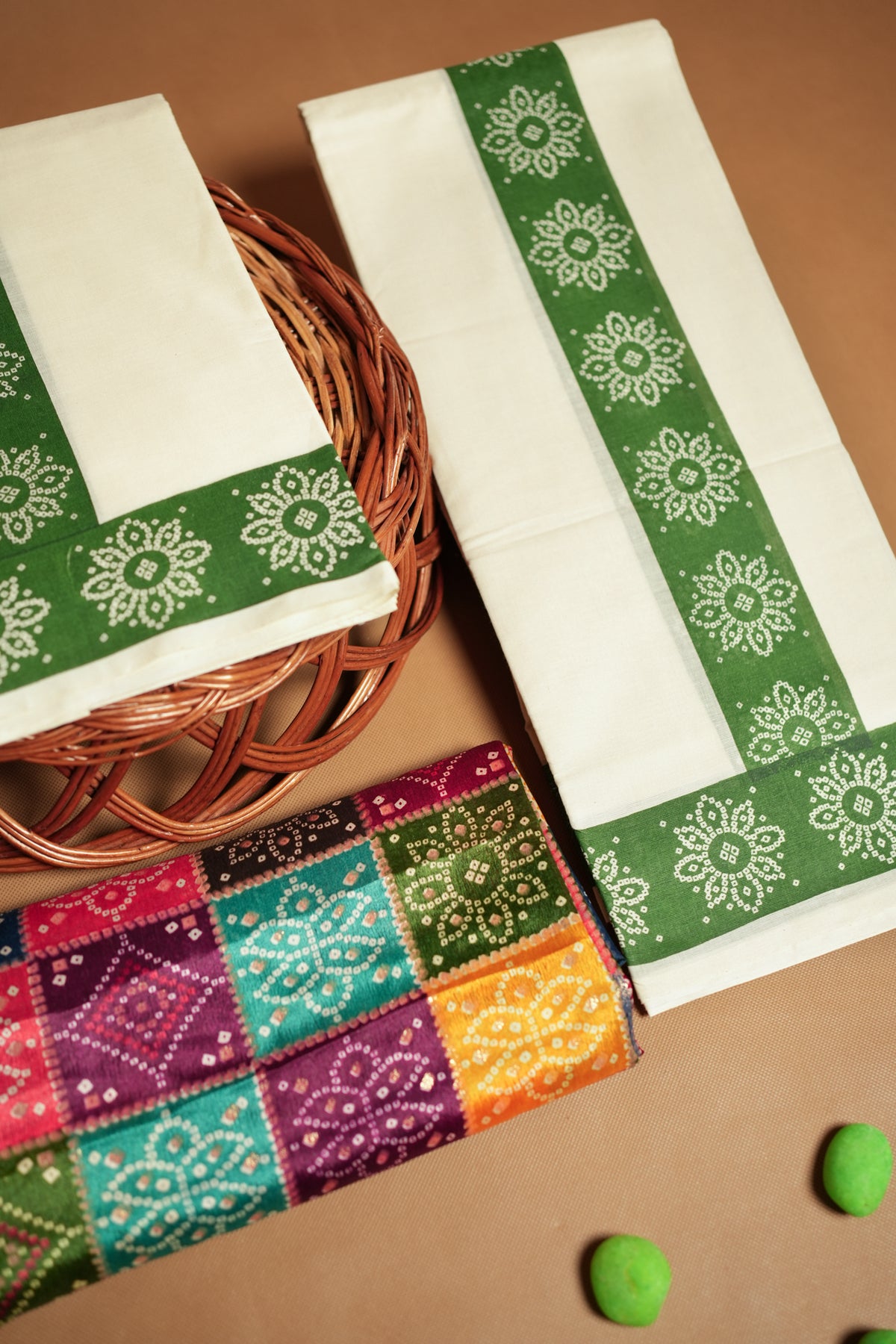 Bhandhini Green Printed Settumund with Matching Blouse Material