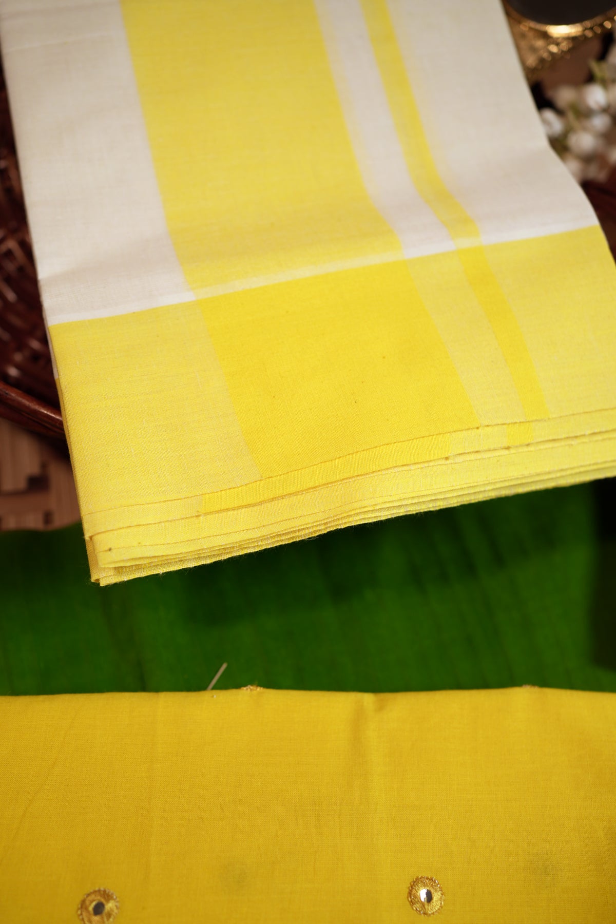 Radha - Single Color Traditional Kerala Mulloth Settumund with Mirror Worked Blouse Material