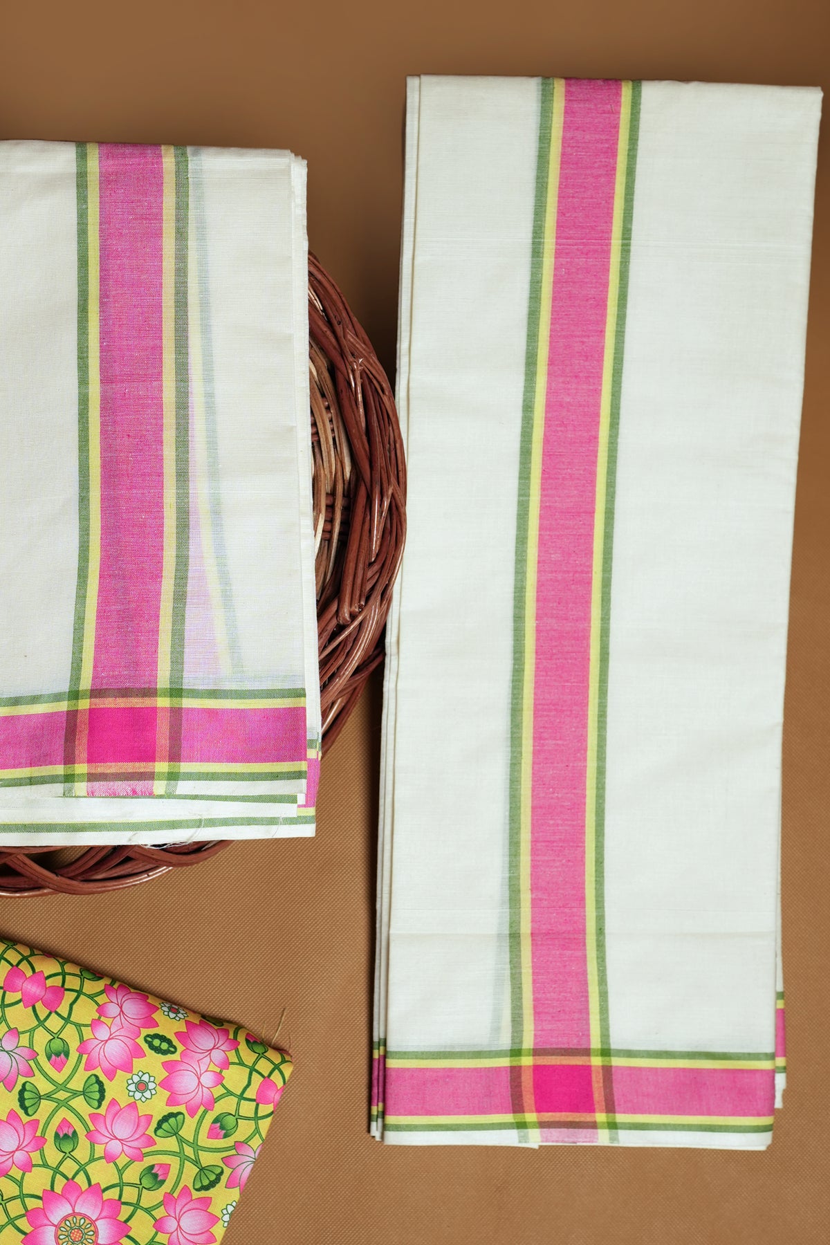 Pathma - Pure Cotton Traditional Kerala Mulloth Tri Color Settumund with Lotus Printed Blouse Material