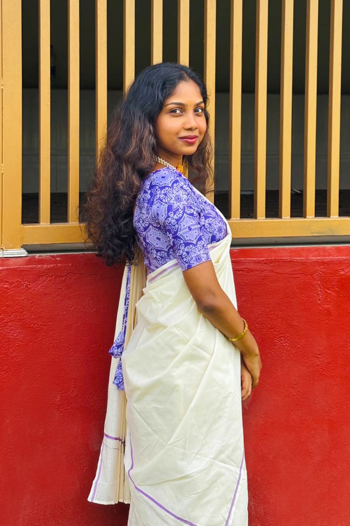 Nadira - Lavender Puliyilakkara Settumund with Ajrak Digital Printed Blouse Material
