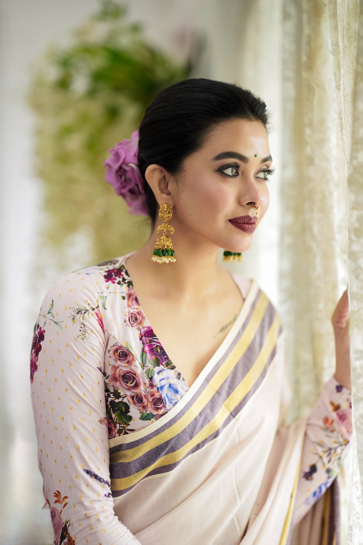 Keya – Rose Tissue Saree with Purple and Golden Borders