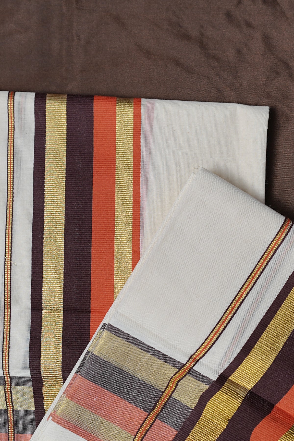 Kaveri – Rust Orange and Coffee Brown Kasavu Settumund with Matching Blouse Material