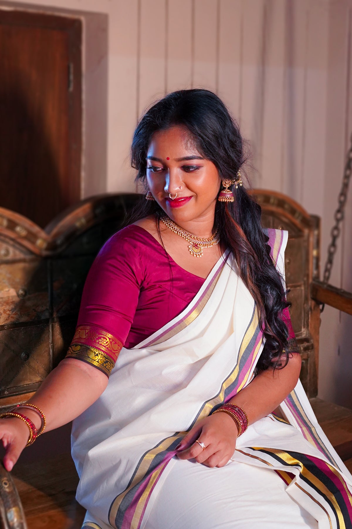 Ganga – Maroon and Black Kasav Settumund with Matching Blouse Material