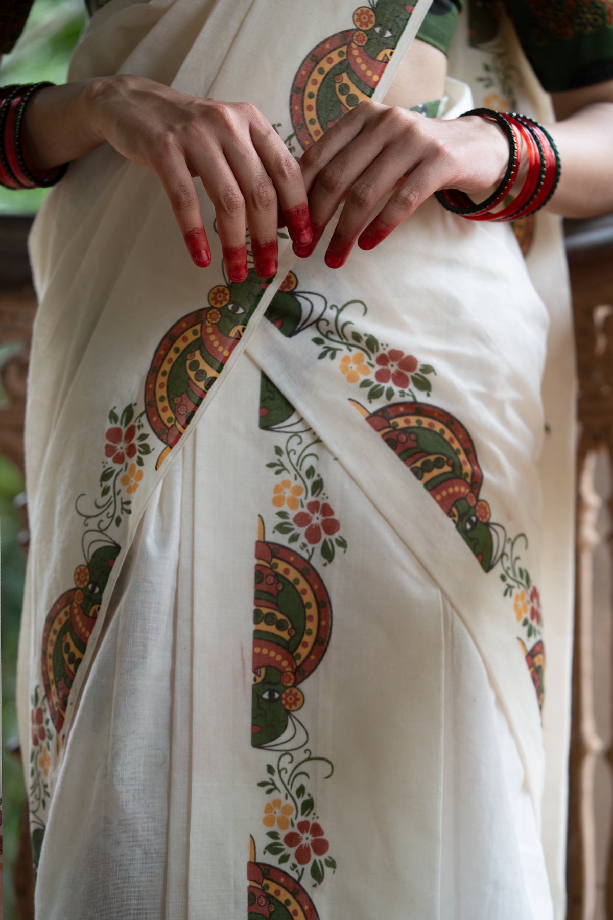 Kathakali Green Printed Settumundu with Matching Blouse Material