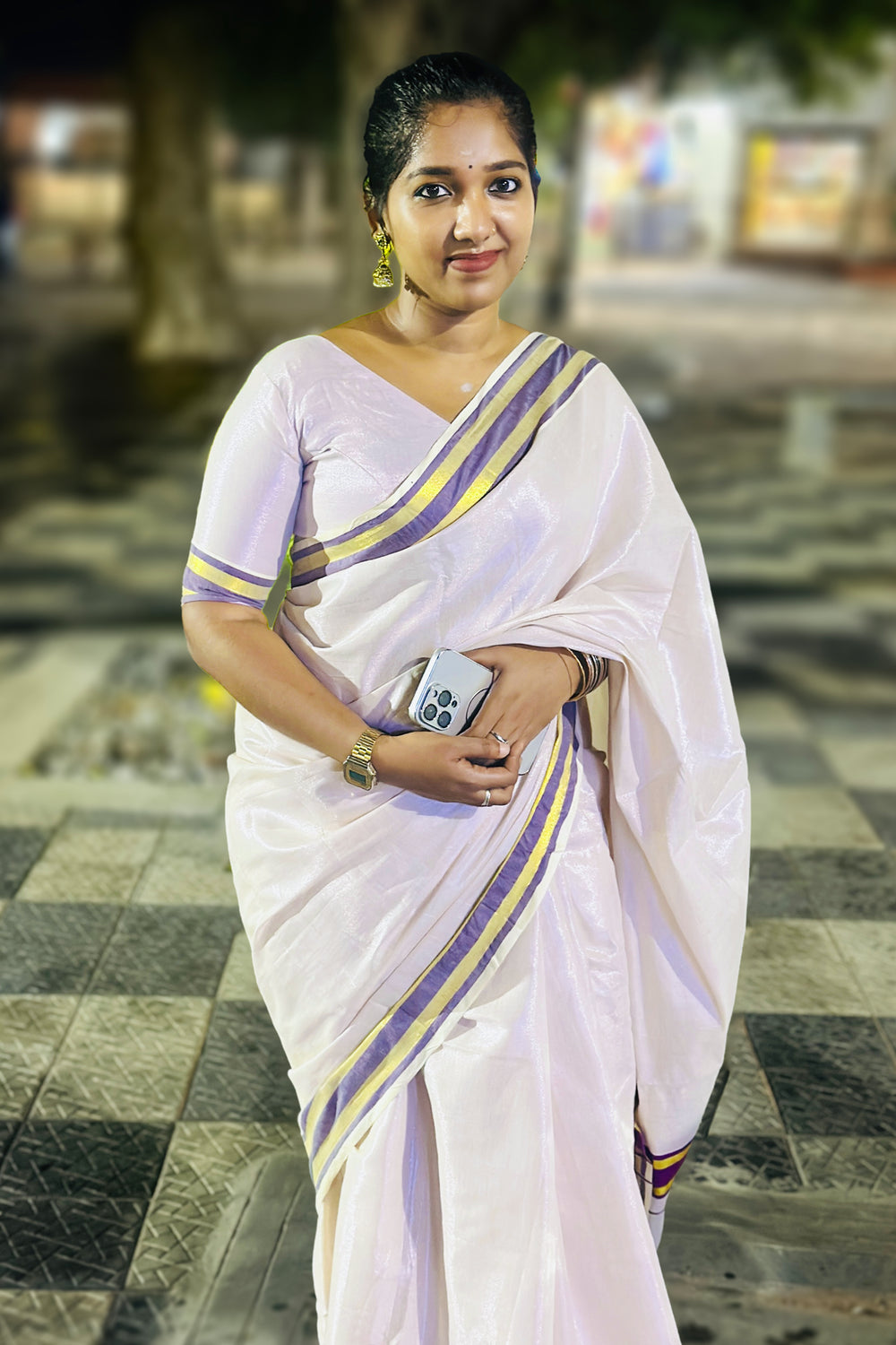 Ameya - Rose Tissue Saree with Purple and Golden Borders Paired with Designer Blouse Material