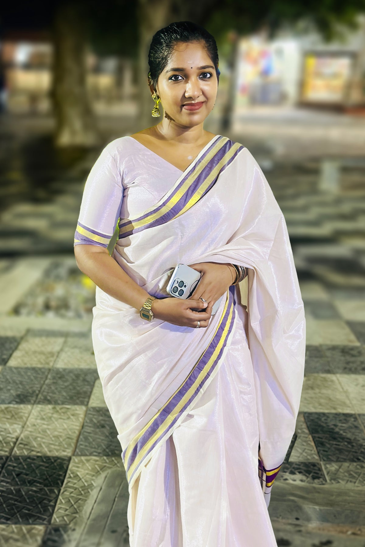 Ameya - Rose Tissue Saree with Purple and Golden Borders Paired with Designer Blouse Material