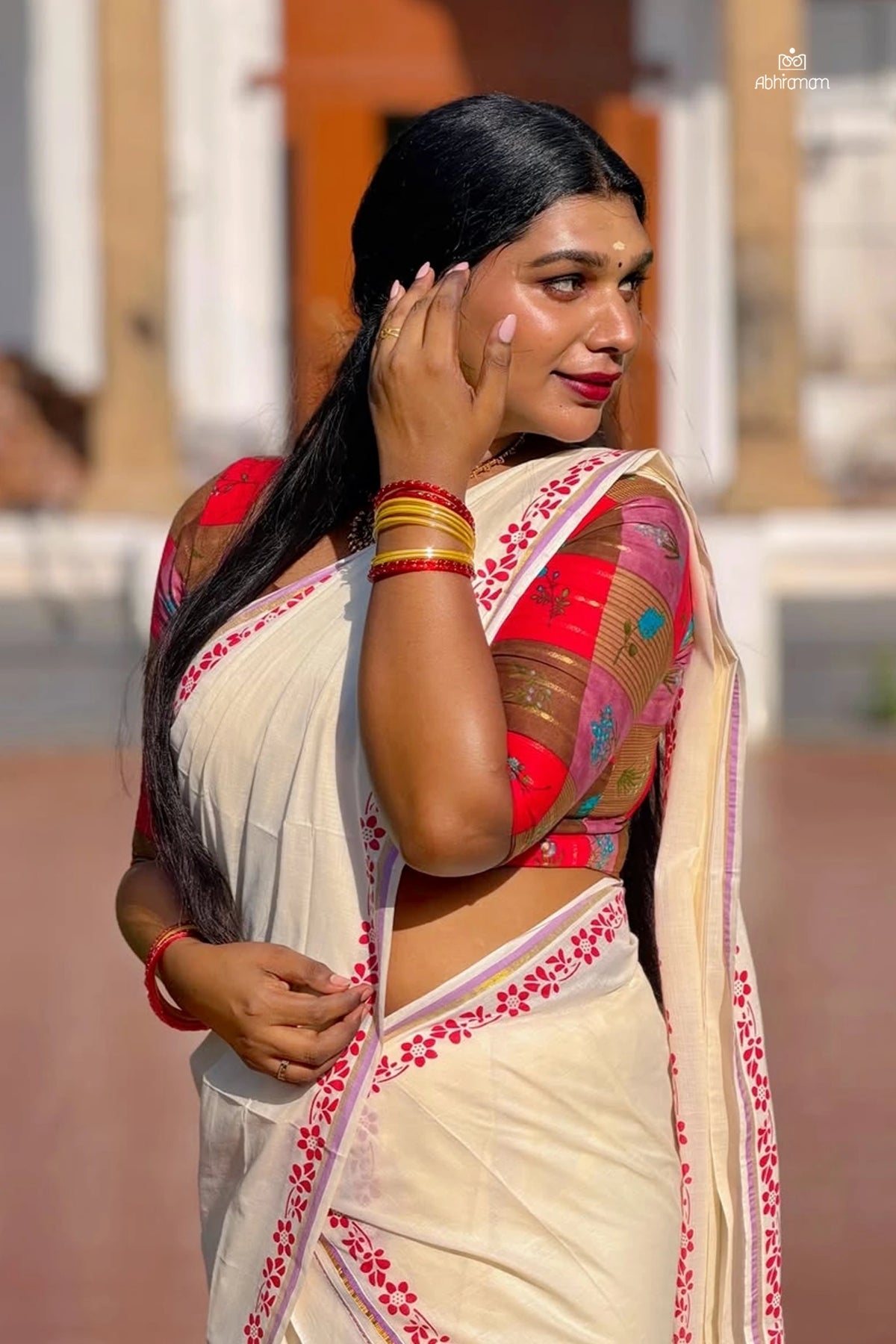 Sarga – Lavender and Golden Kasav Settumund with Printed Border and Designer Blouse Material