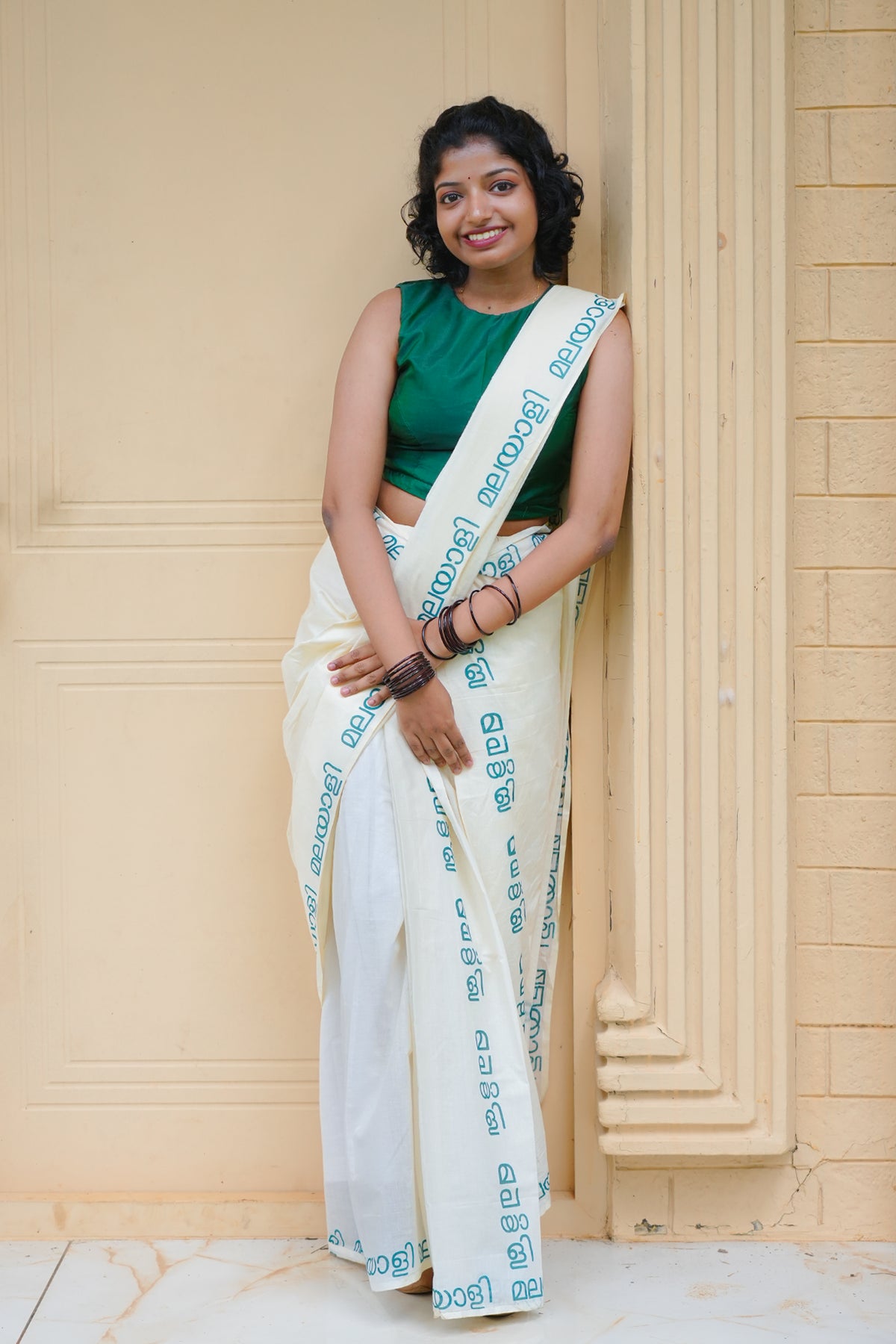 Malayali Printed Green Pure Cotton Settumundu with Matching Blouse Material
