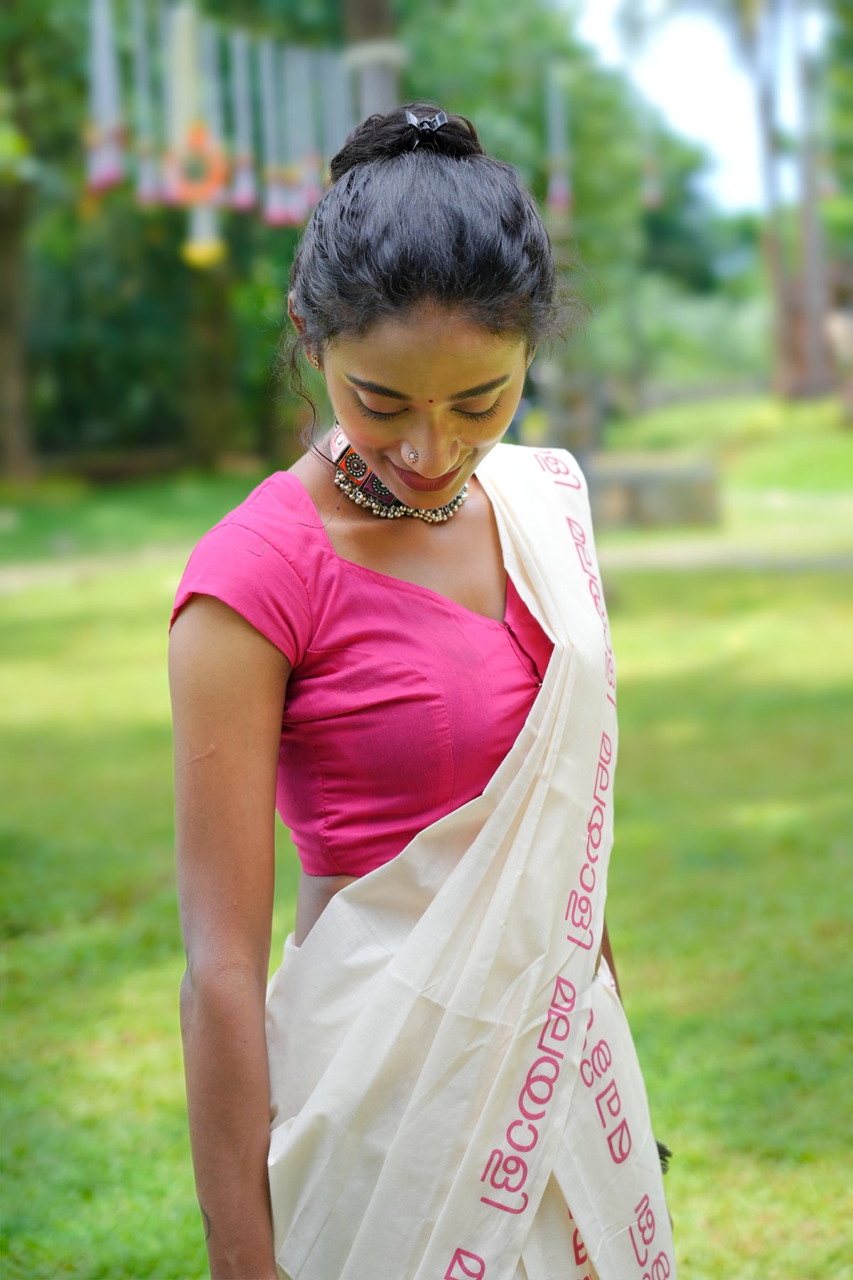Malayali Printed Pink Pure Cotton Settumundu with Matching Blouse Material