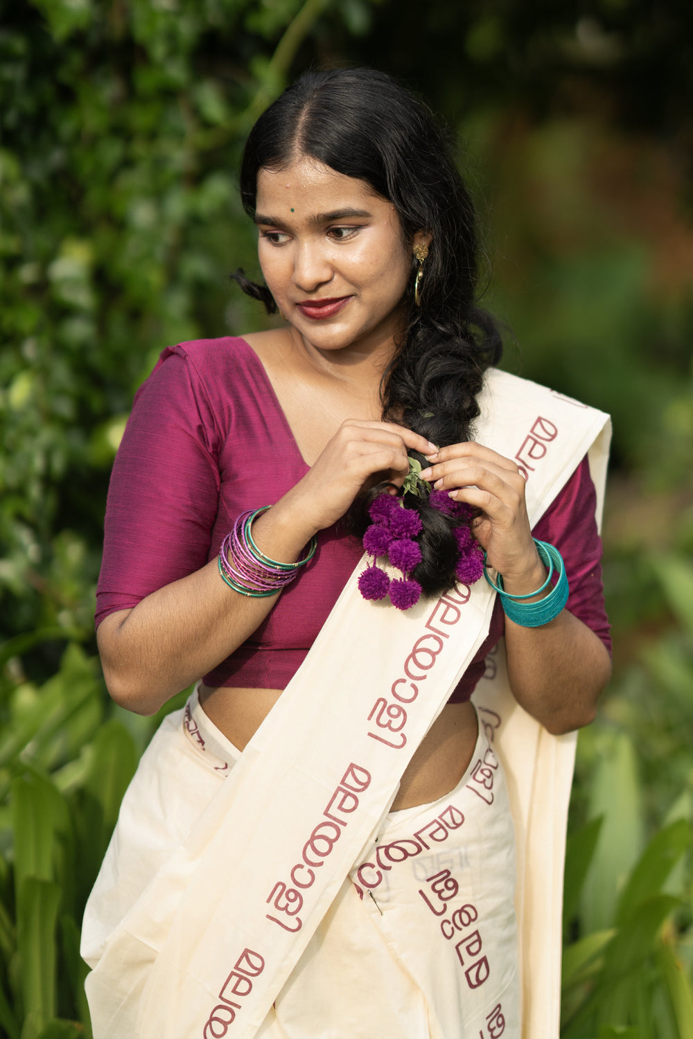 Malayali Printed Purple Pure Cotton Settumundu with Matching Blouse Material