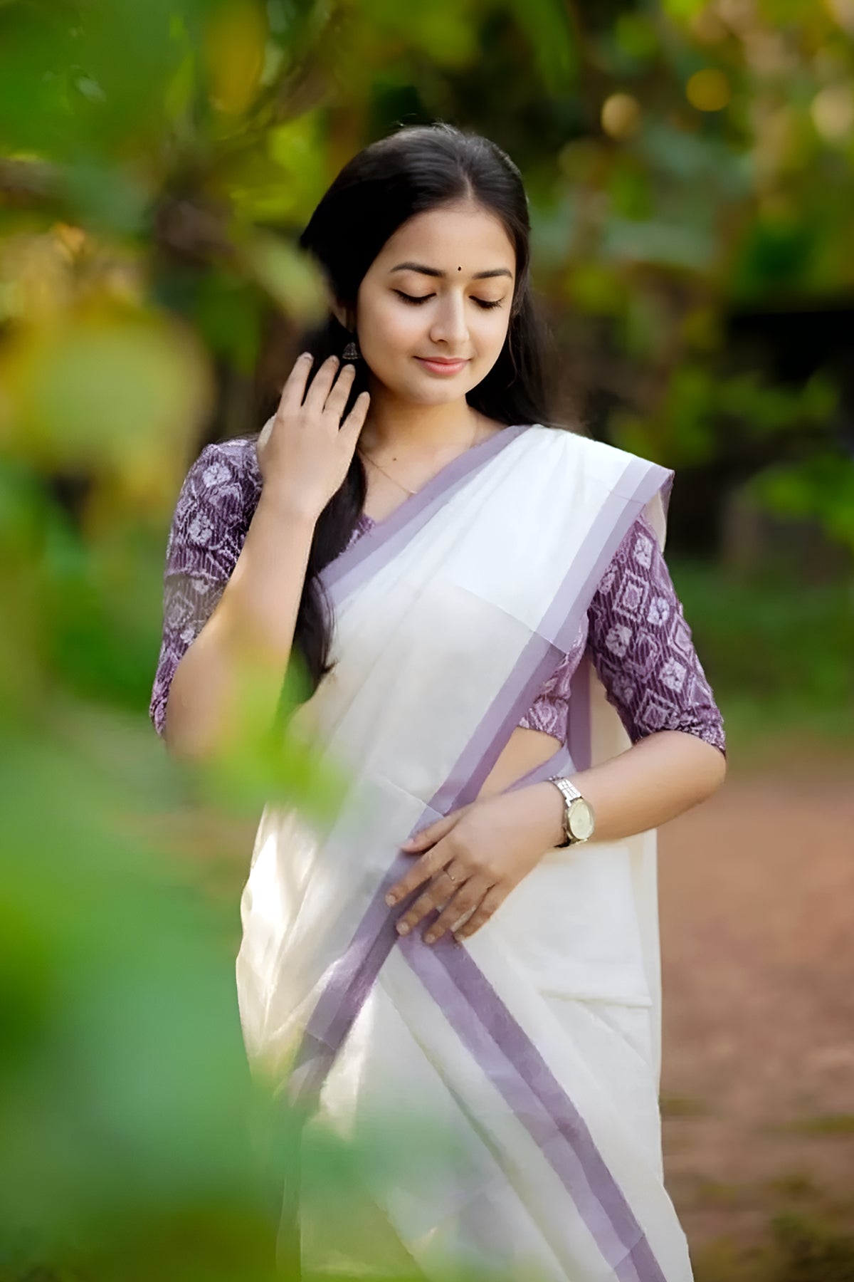 Sree - Mulloth Settumund with Kantha Cotton Blouse Material