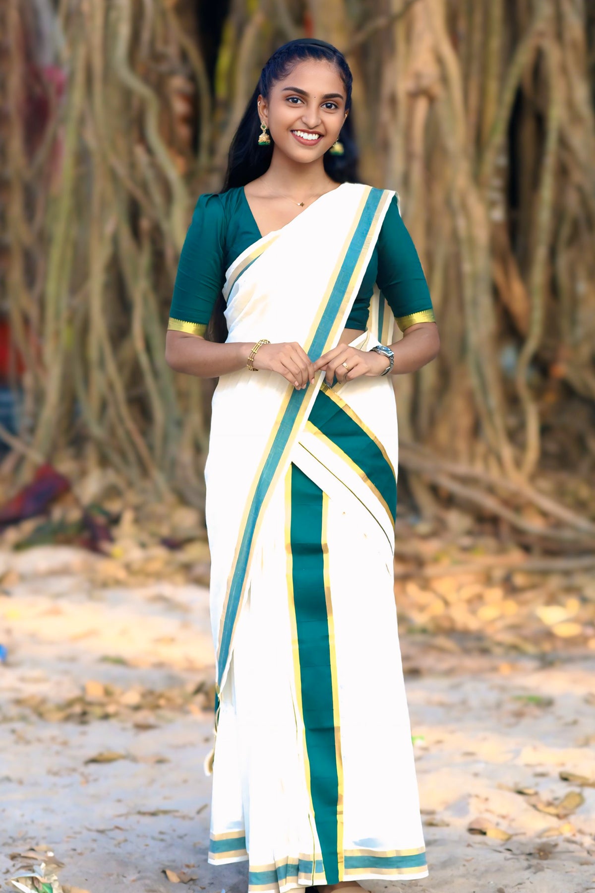 Vrinda - Premium Pure Cotton Settmundu with Matching Blouse