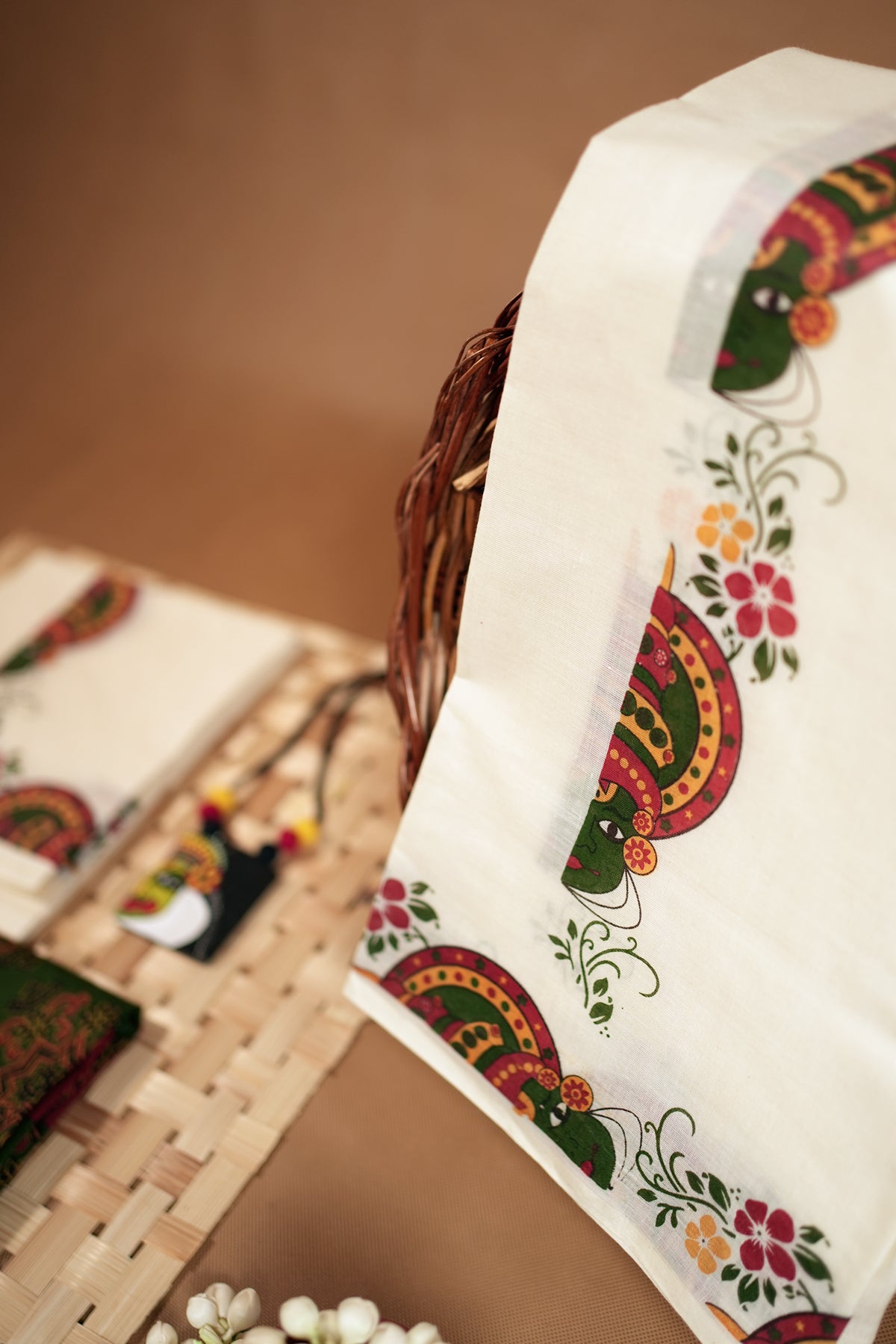 Kathakali Green Printed Settumundu with Matching Blouse Material