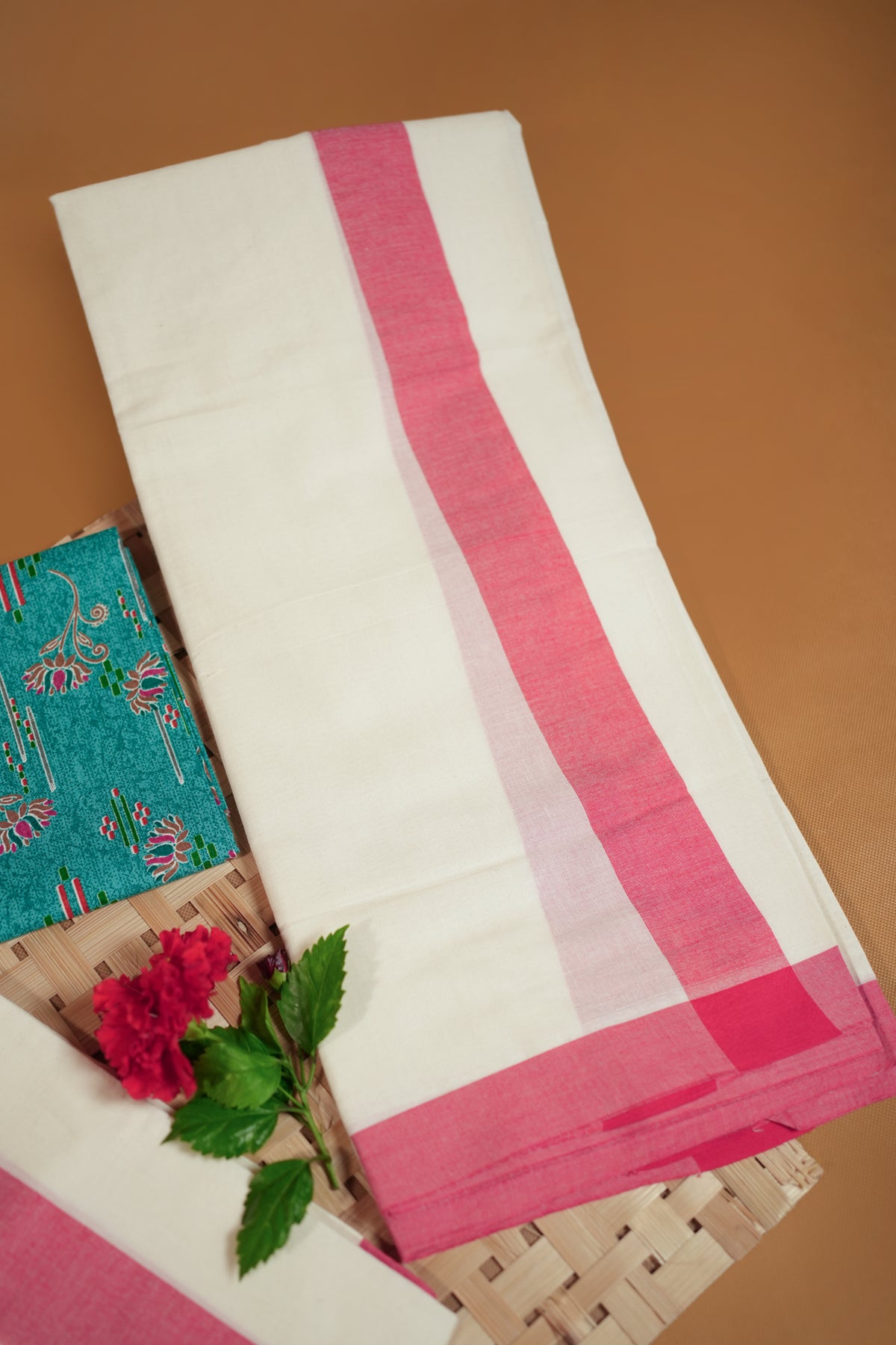 Ambujam - Red Mulloth Settumund with Matching Printed Blouse Material