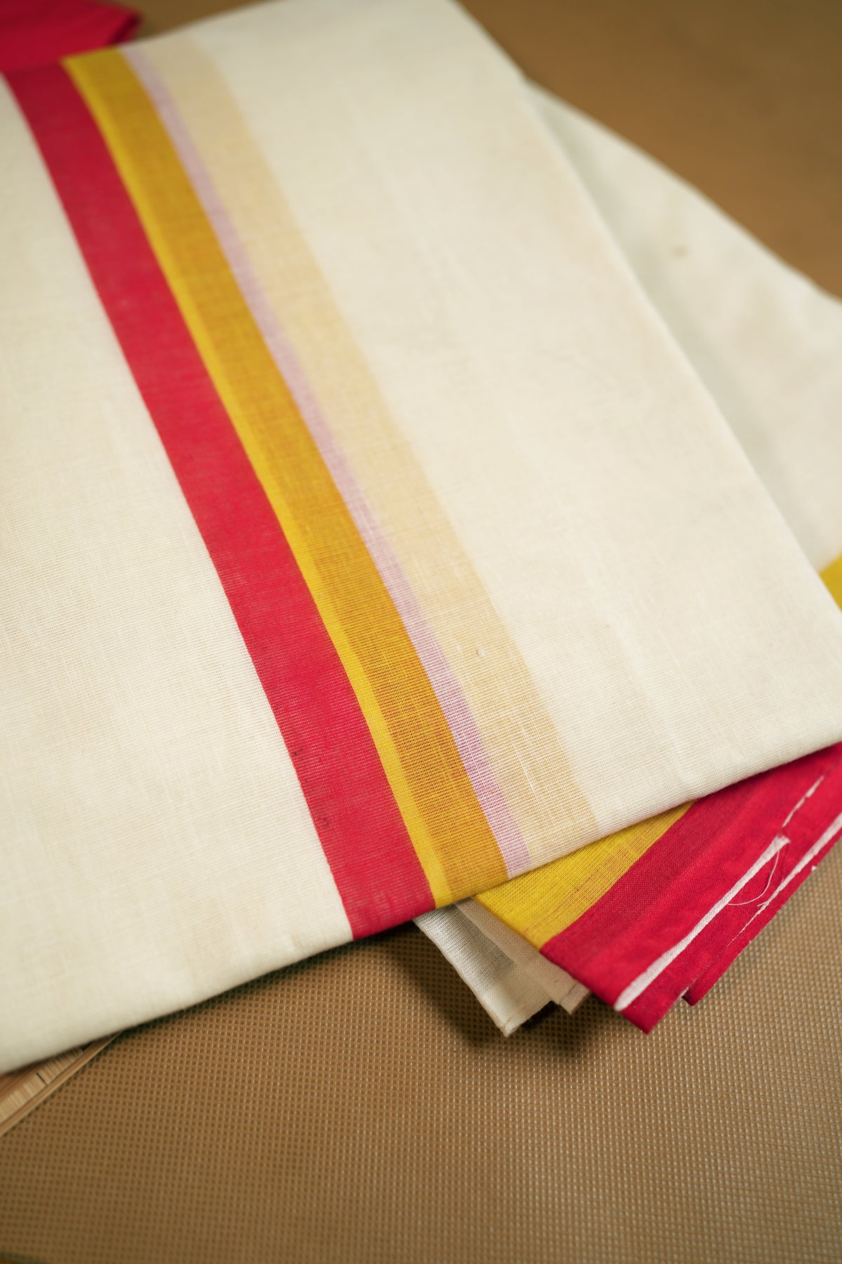 Surya Praba - Red & Yellow Settumundu with Matching Blouse Material