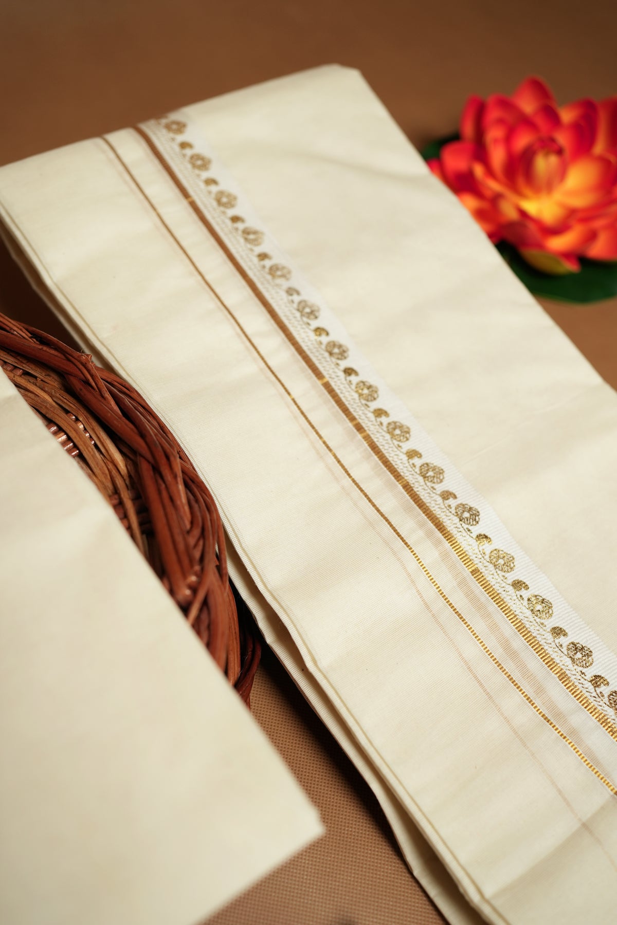 Kavya - Premium Golden Puliyilakkara Settumund with Golden Foil Printed Border with Blouse