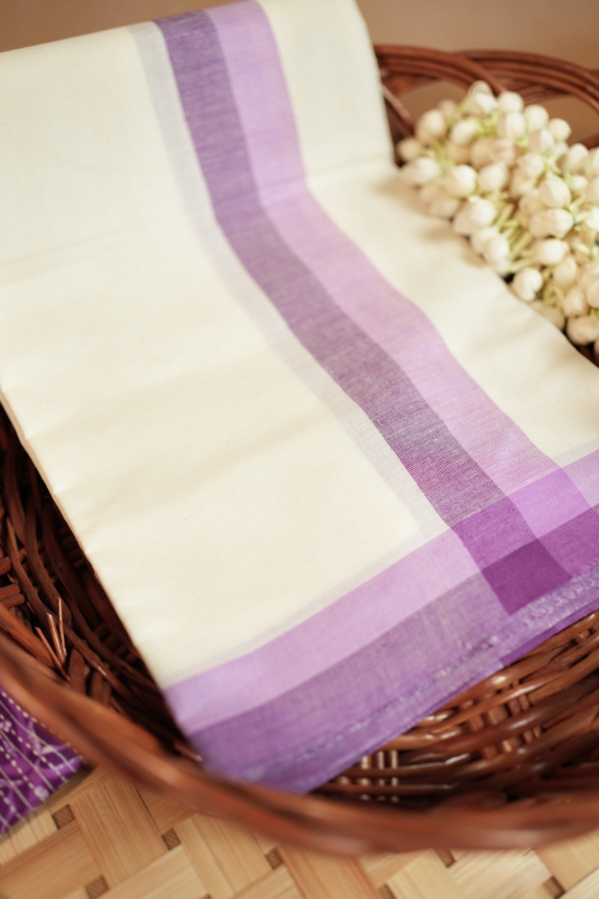 Sree - Mulloth Settumund with Kantha Cotton Blouse Material