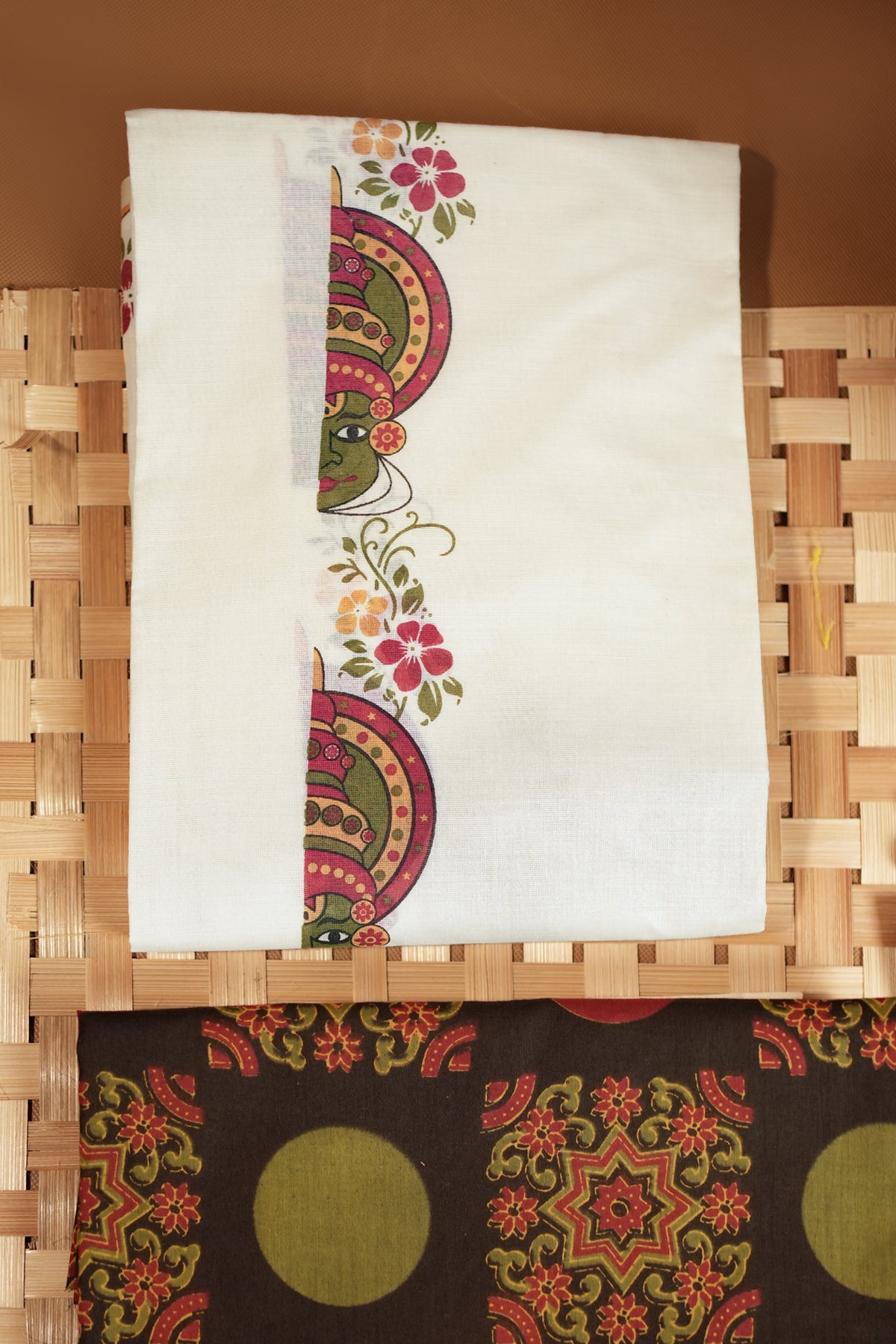 Kathakali Black Printed Settumundu with Matching Blouse Material