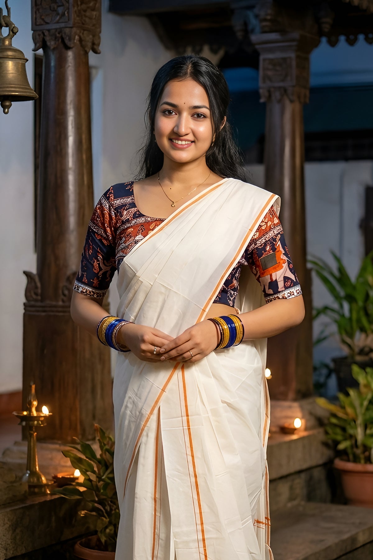 Gadha - Orange Puliyilakkara Settumund with Printed Blouse Material