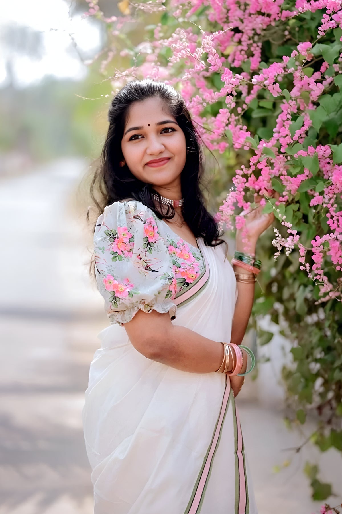 Vasantham Black Mulloth Settumund with Floral Printed Blouse Material