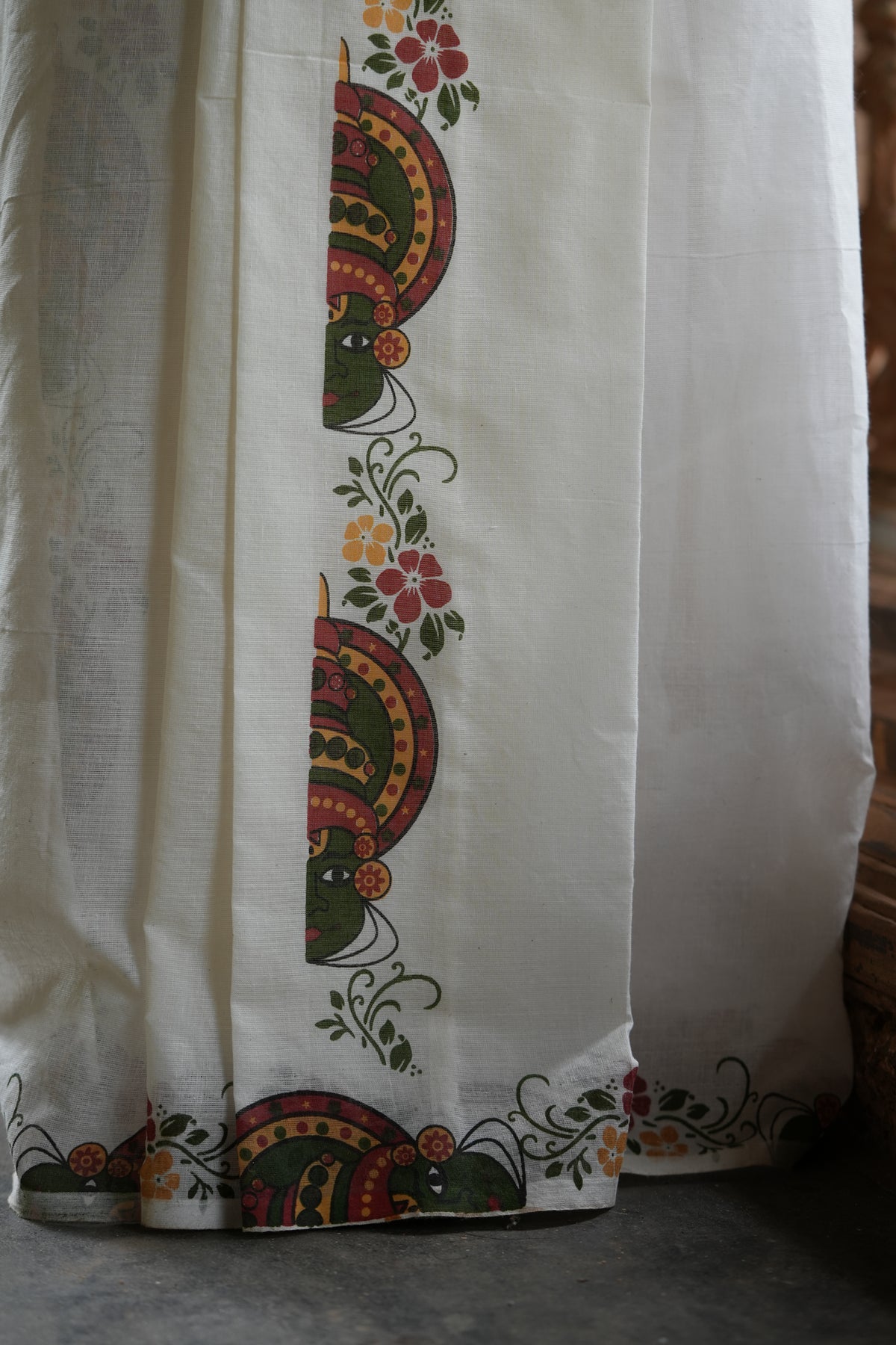 Kathakali Green Printed Settumundu with Matching Blouse Material