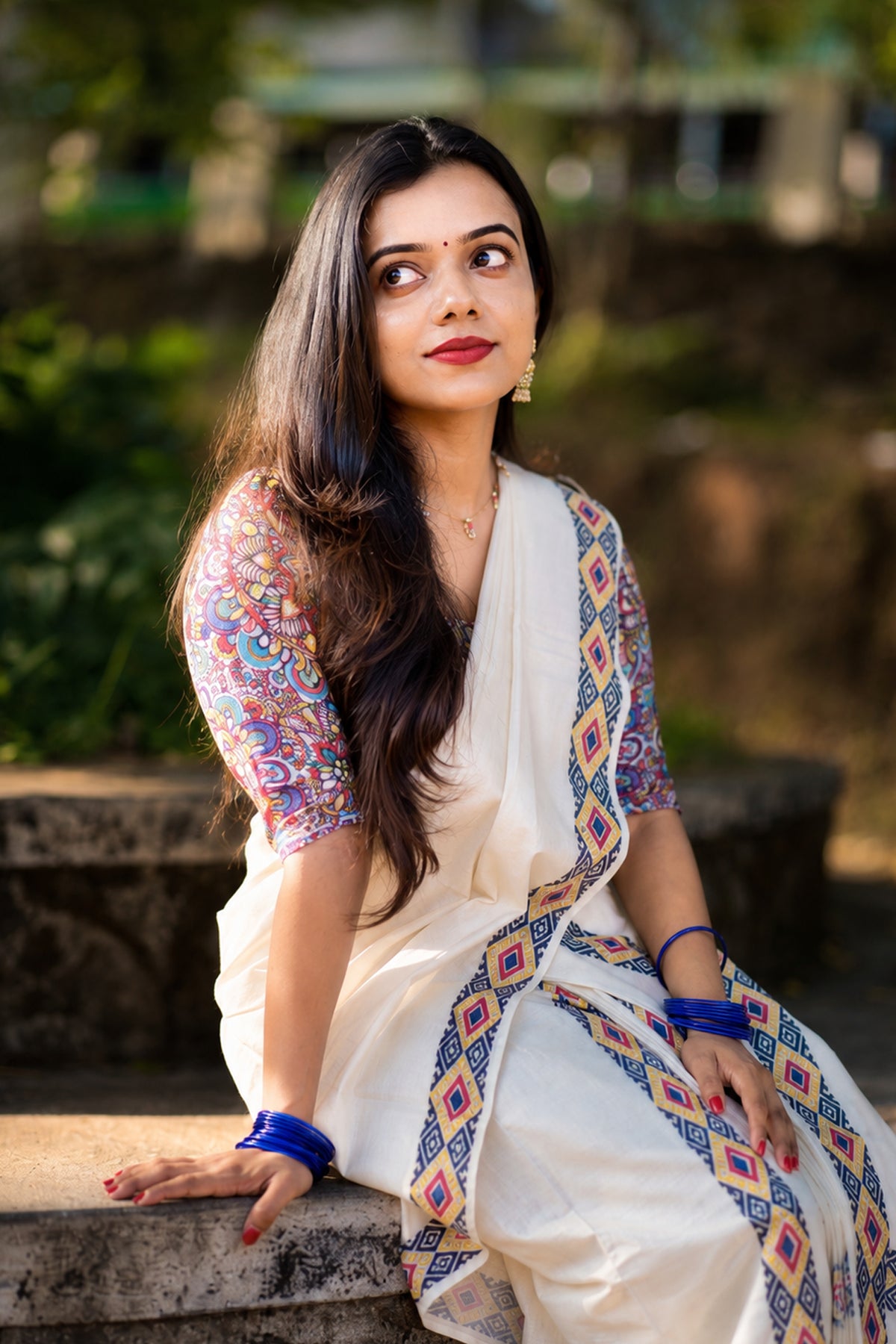 Pookkalam - Multicoloured Diamond Design Screen Printed Settumund with vibrant Coloured Blouse Material