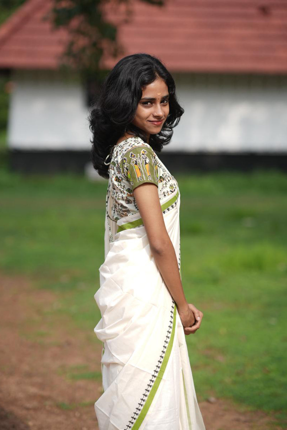 Aadhirekha - Green Warli Printed Settumund with Printed Blouse Material