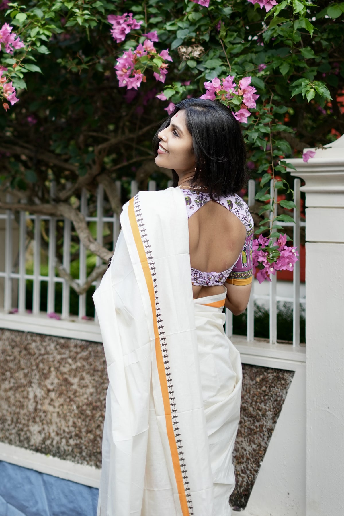 Aadhirekha - Orange Warli Printed Settumund with Printed Blouse Material