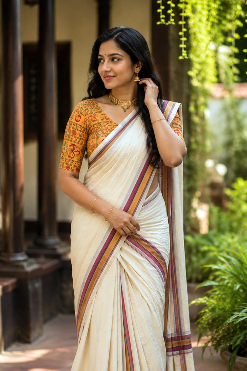 Ohm Pure Cotton Traditional Kerala Mulloth Settumund with Ohm Printed Blouse Material
