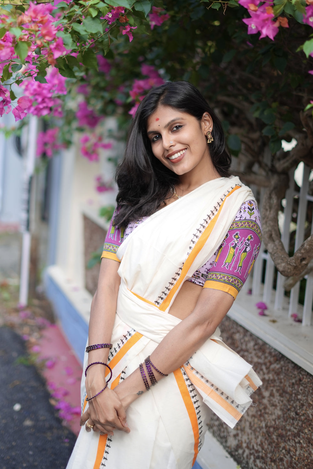 Aadhirekha - Orange Warli Printed Settumund with Printed Blouse Material