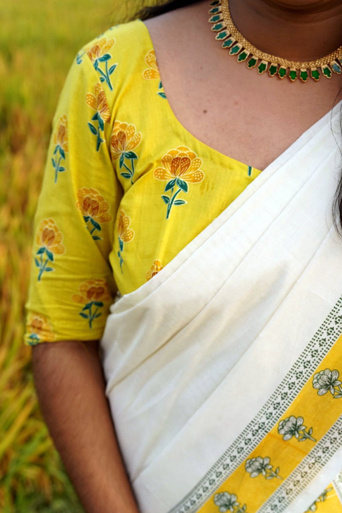 Chithra- Yellow and Green Printed Settumund with Matching Blouse Material