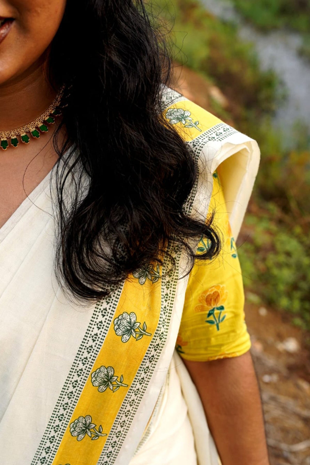 Chithra- Yellow and Green Printed Settumund with Matching Blouse Material