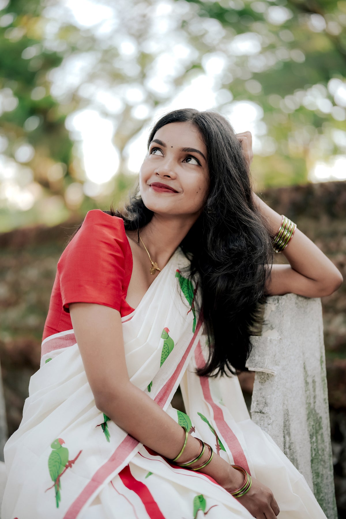 Thatha Green Parrot Printed on Red Kattikkara Settumund with Plain Red Blouse Material