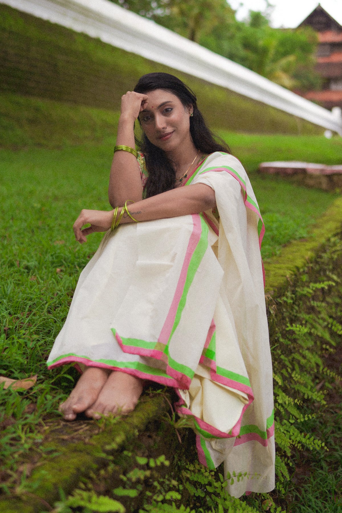 Pankajam Pink and Green Border Pure Cotton Settumundu with Printed Blouse Material