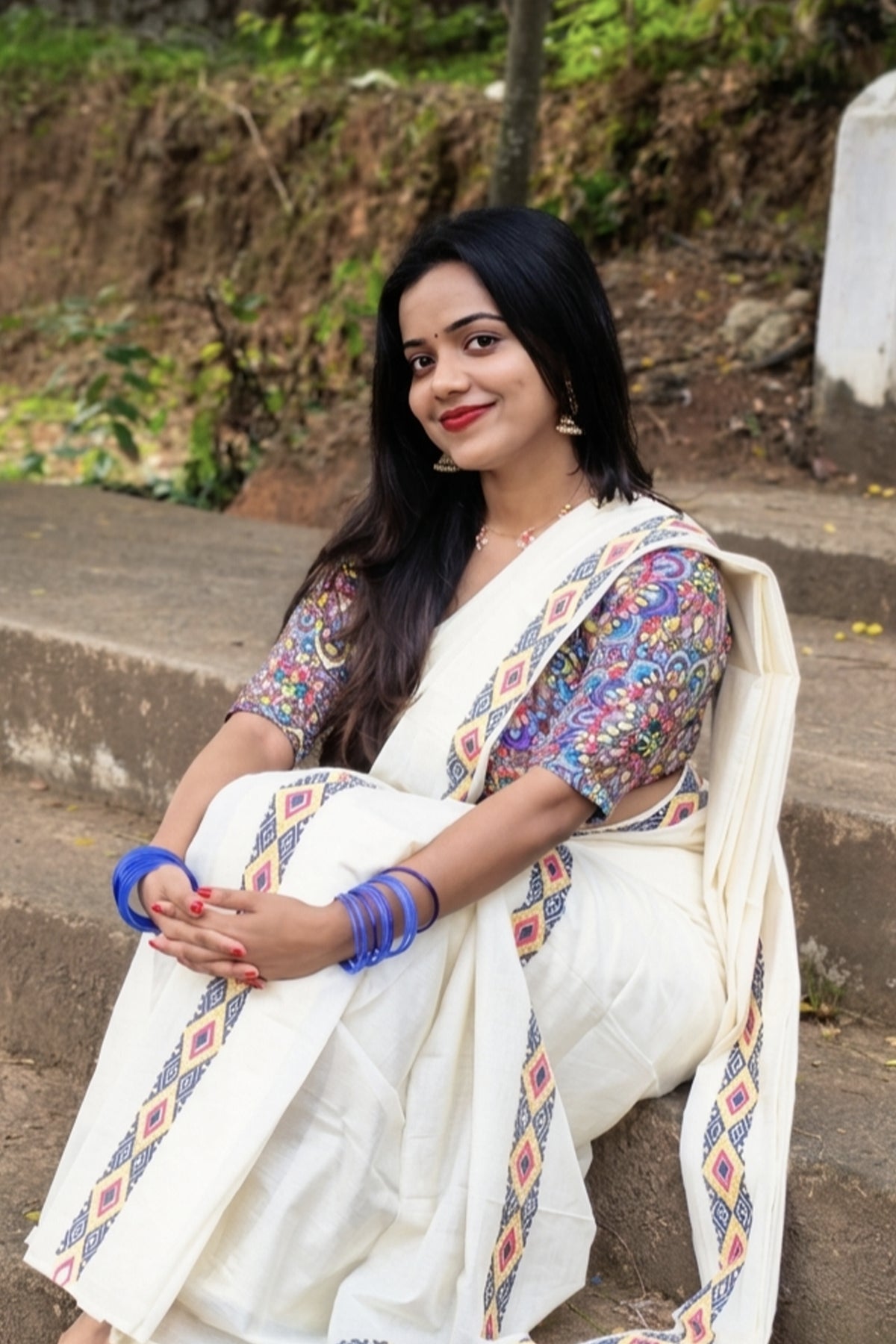 Pookkalam - Multicoloured Diamond Design Screen Printed Settumund with vibrant Coloured Blouse Material