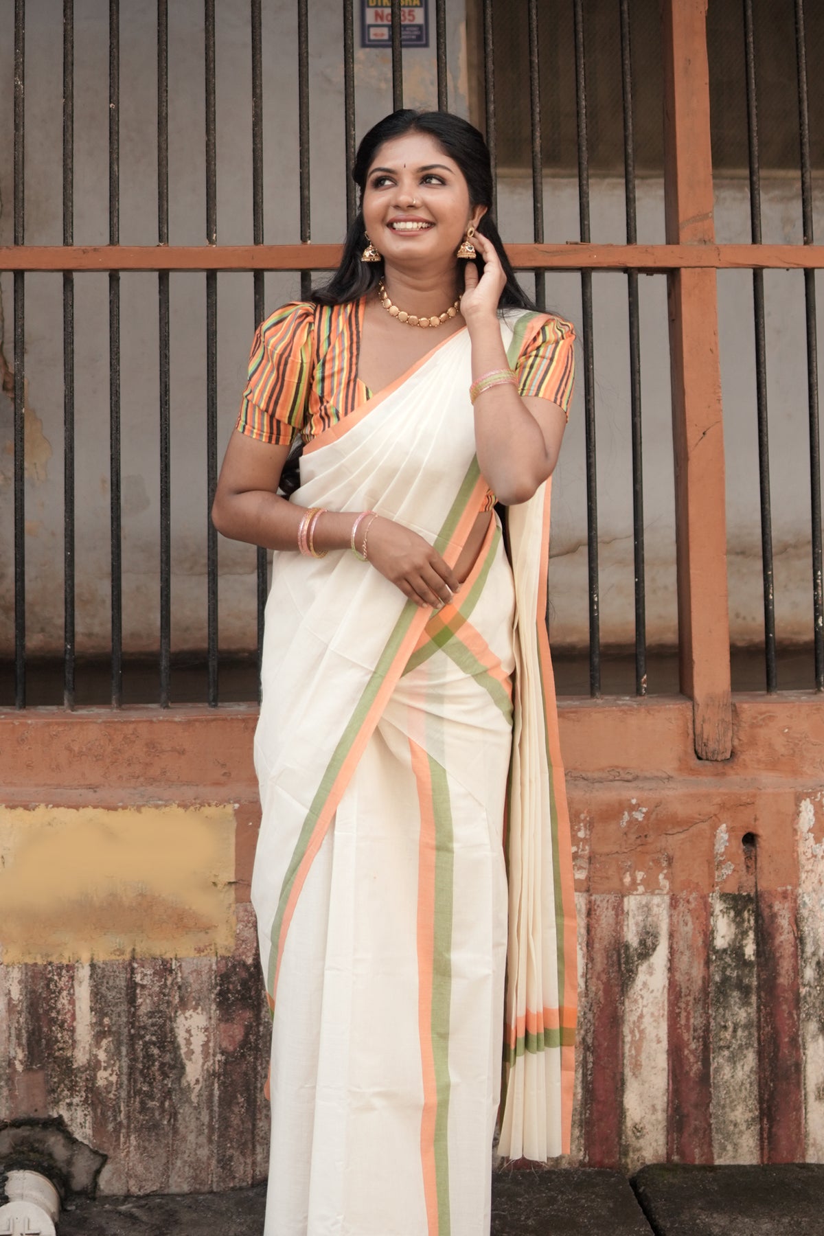 Indhulekha - Pure Cotton Traditional Kerala Mulloth Settumund with Striped Blouse Material