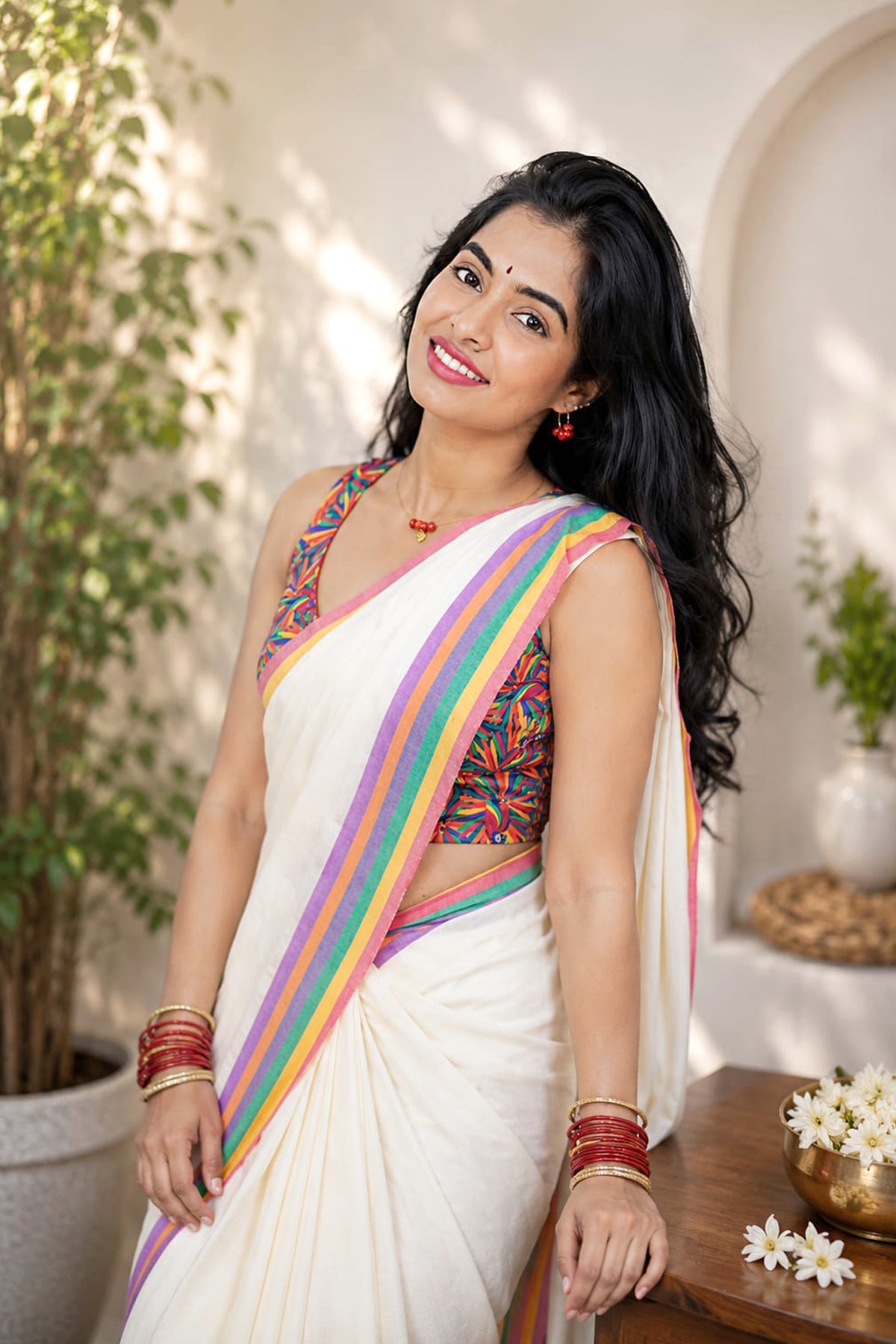 Painkili - 6 Color Boarders Mulloth Cotton Saree with Parrot Printed Blouse Material