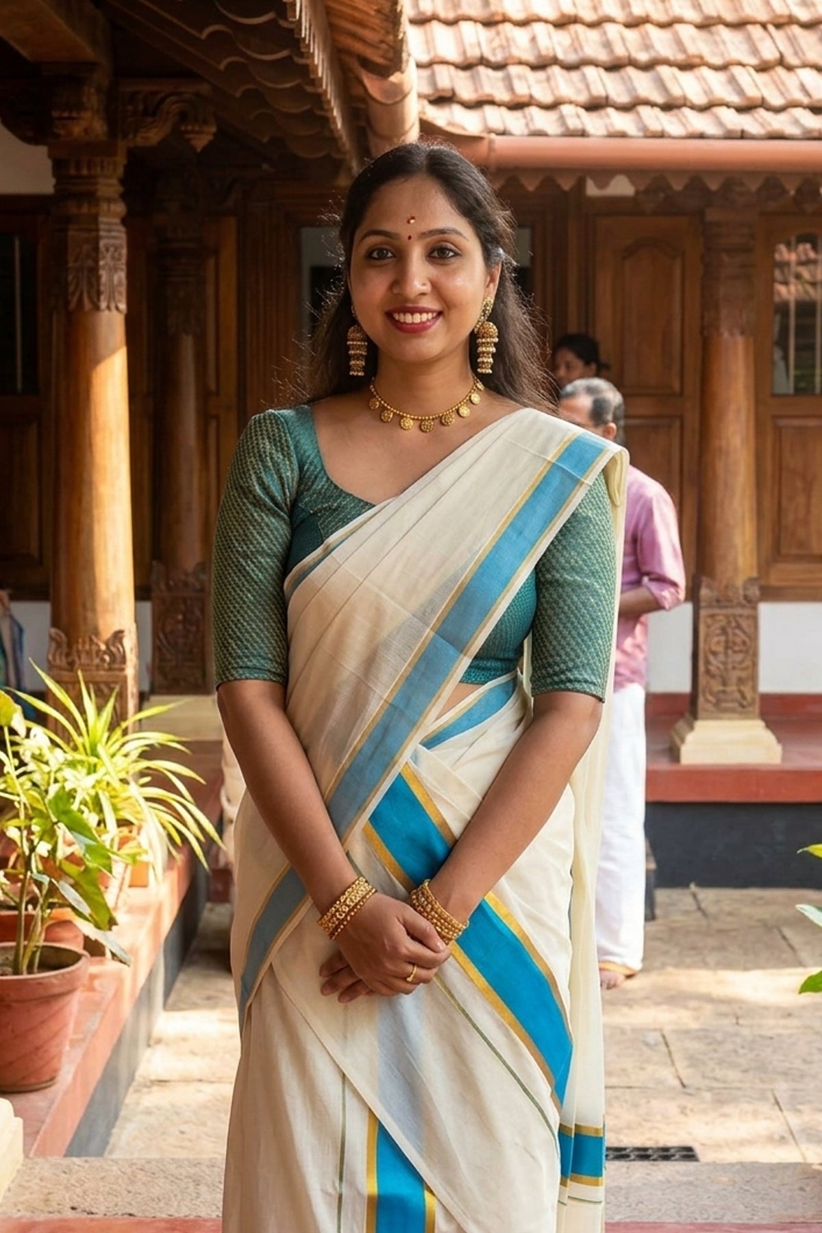 Charutha – Peacock Blue-Green Kasav Settumundu with Matching Brocade Blouse Material