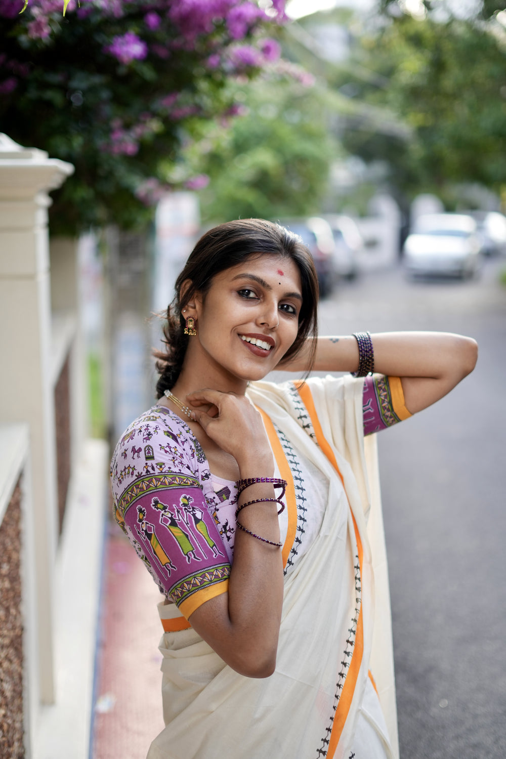 Aadhirekha - Orange Warli Printed Settumund with Printed Blouse Material