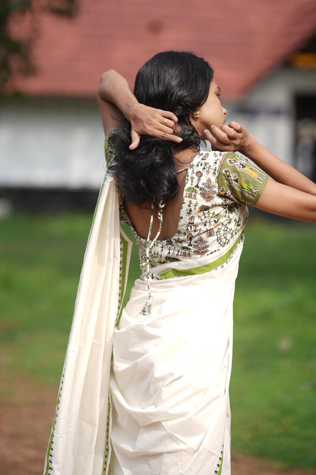 Aadhirekha - Green Warli Printed Settumund with Printed Blouse Material