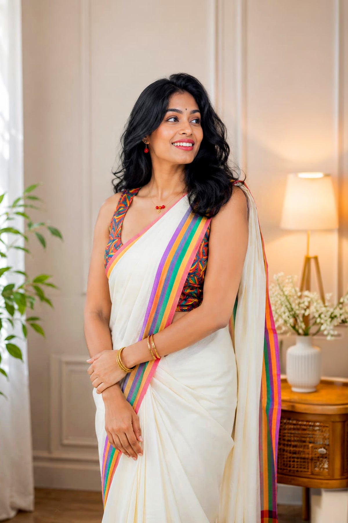 Painkili - 6 Color Boarders Mulloth Cotton Saree with Parrot Printed Blouse Material